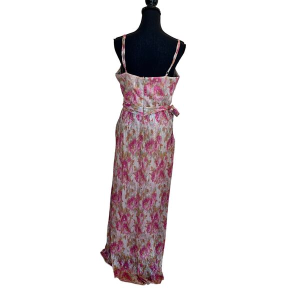 Dress the Population Floral Plisse Maxi Dress XS Metallic Goddess Slip Gown $268 - Picture 12 of 15